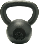 A solid black kettlebell positioned on a stark white background, highlighting its shape and design for fitness use.